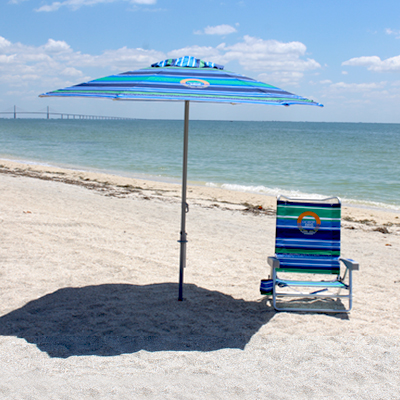 Ocean Zero Blue And Green Striped Market Umbrella and Chair