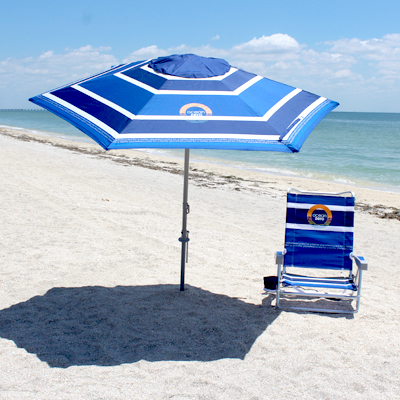 Ocean Zero Blue And White Striped Market Umbrella and Chair